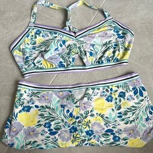 3X top and 2X bottom high waist cut out floral/stripe detail bikini